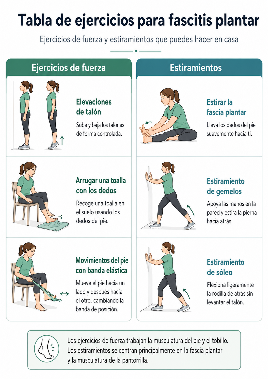 Tabla ilustrada de estiramientos y ejercicios para fascitis plantar