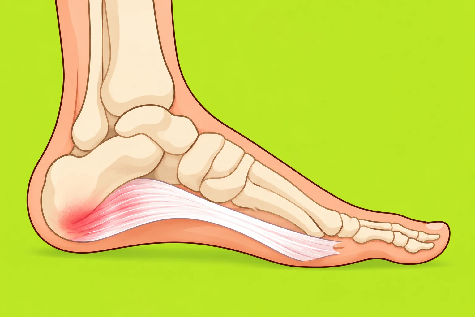 Illustration av plantarfascian och hur den löper längs fotsulan från hälen till tårna